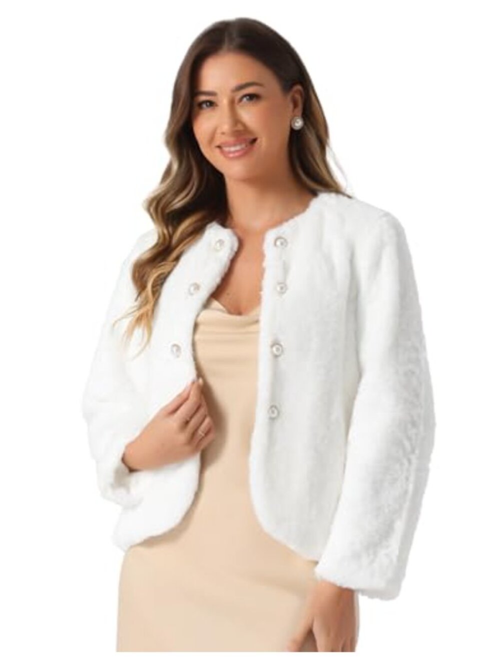 Faux Fur Long Sleeve Pearl Button Cardigan Coat